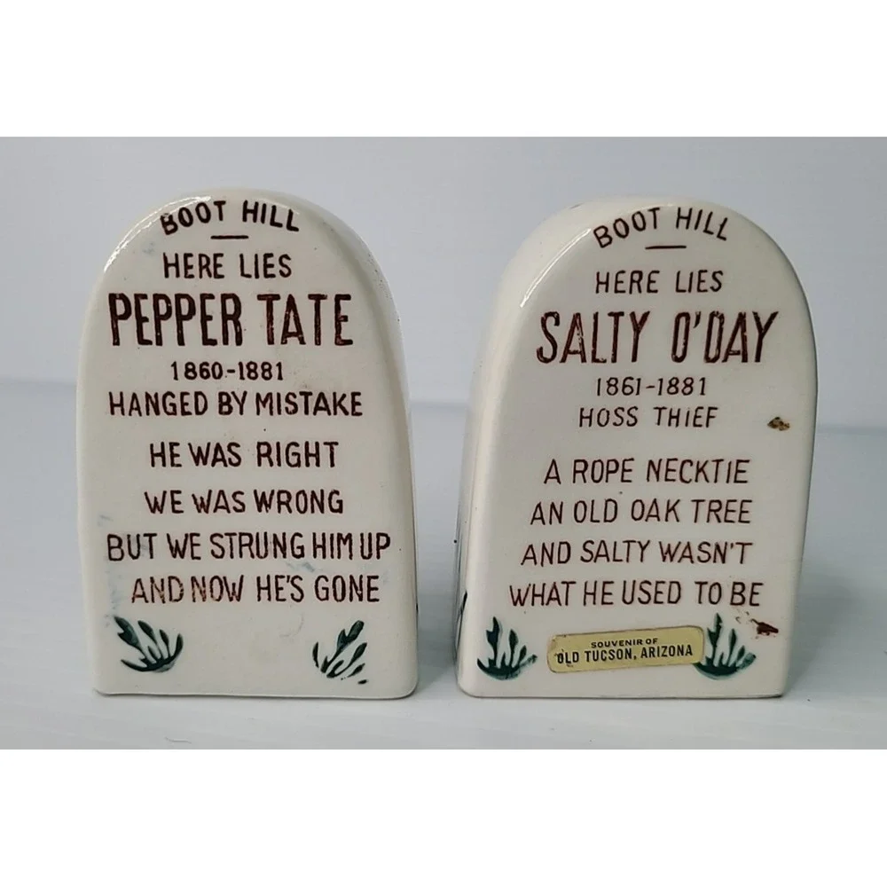 Vintage Tombstone Salt & Pepper Shakers Japan Pepper Tate & Salty O'Day Stoppers